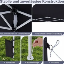 290 x 290 cm Pop-Up-Pavillon Höhenverstellbar mit Zubehör für Strand Camping Schwarz