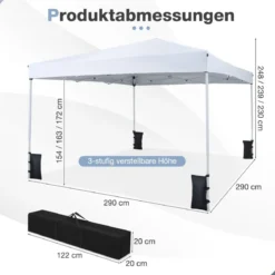 290 x 290 cm Pop-Up-Pavillon Höhenverstellbar Faltbar mit Zubehör für Camping Strand Weiß
