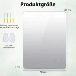 80 x 60 cm Rechteckiger LED-beleuchteter Spiegel Wandmontierter Badezimmerspiegel