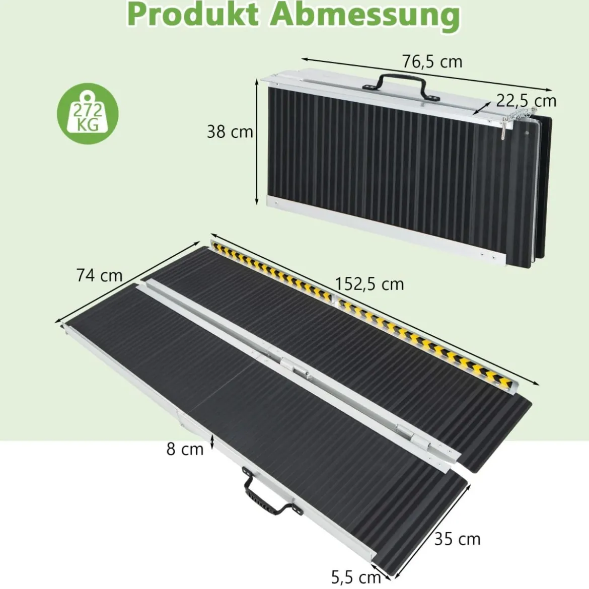 152,5 x 74 cm Rollstuhlrampe Tragbare & Anti-Rutsch Klapprampe bis zu 272kg Belastbar Aluminium