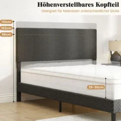 140 x 200 cm Samt-Bettgestell mit Höhenverstellbarem Chevron-Kopfteil Gepolsterte Bettrahmen Grau