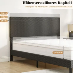 160 x 200 cm Samt-Bettgestell mit Höhenverstellbarem Chevron-Kopfteil Gepolsterte Bettrahmen Grau