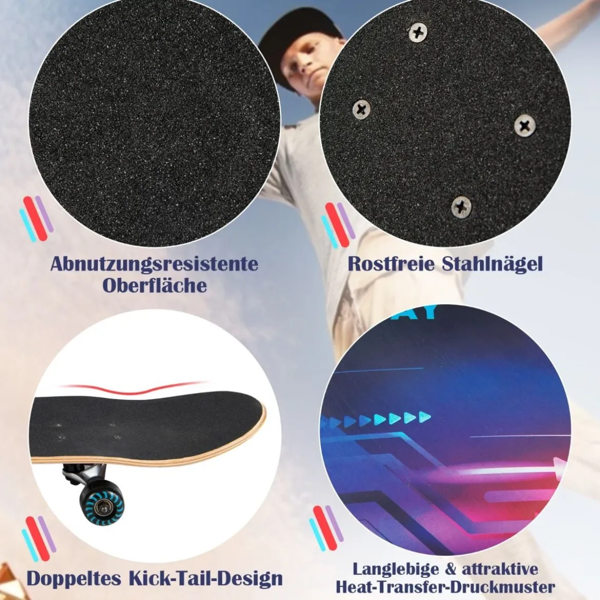 80 x 20 cm Skateboard für Anfänger mit 7-lagigem Ahornholz-Deck Schwarz