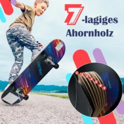 80 x 20 cm Skateboard für Anfänger mit 7-lagigem Ahornholz-Deck Schwarz