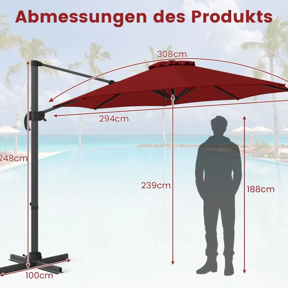 300 x 300 cm Sonnenschirm mit Kurbel 360° Drehbarer Ampelschirm Gartenschirm Marktschirm