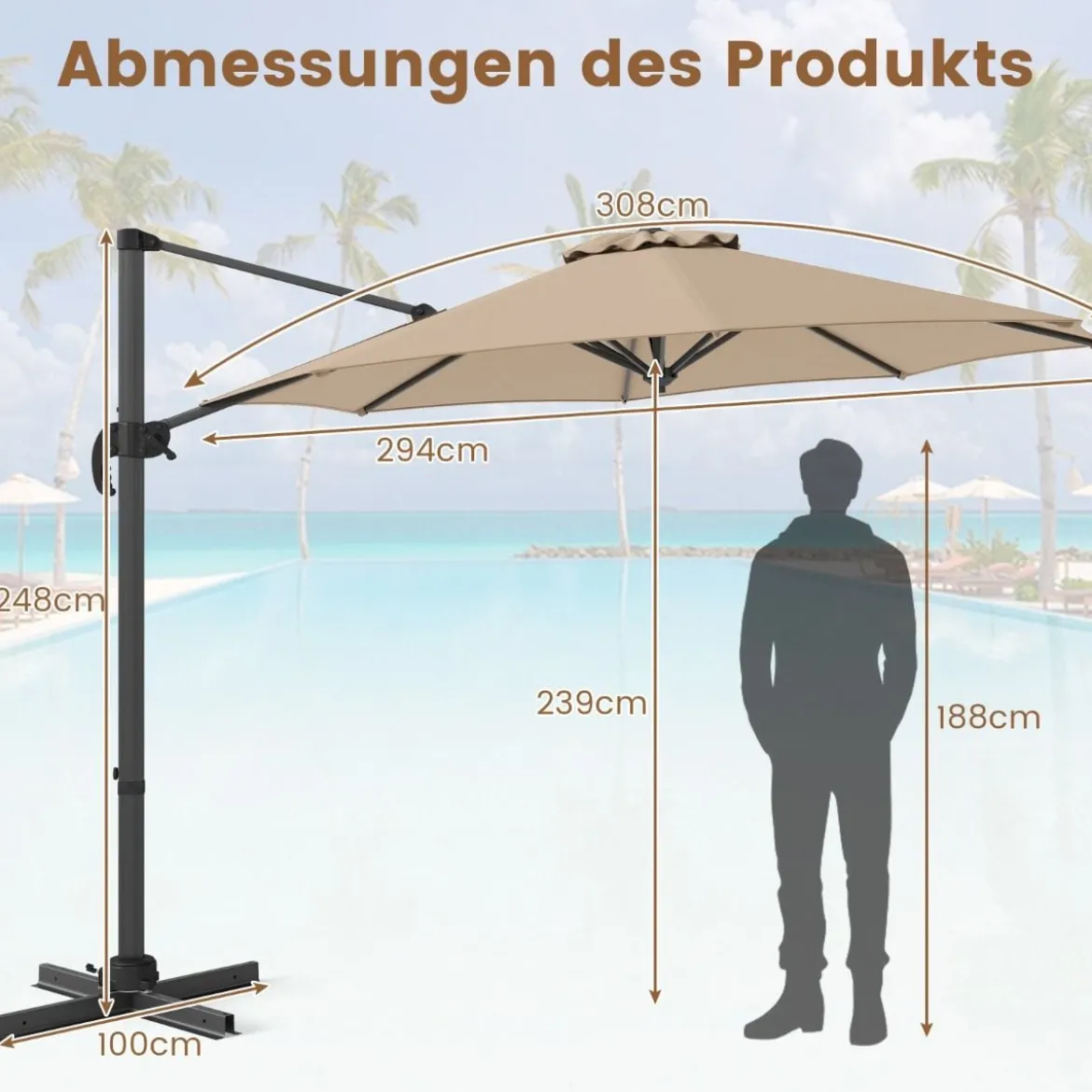 300 x 300 cm Sonnenschirm mit Kurbel 360° Drehbarer Ampelschirm Gartenschirm Marktschirm