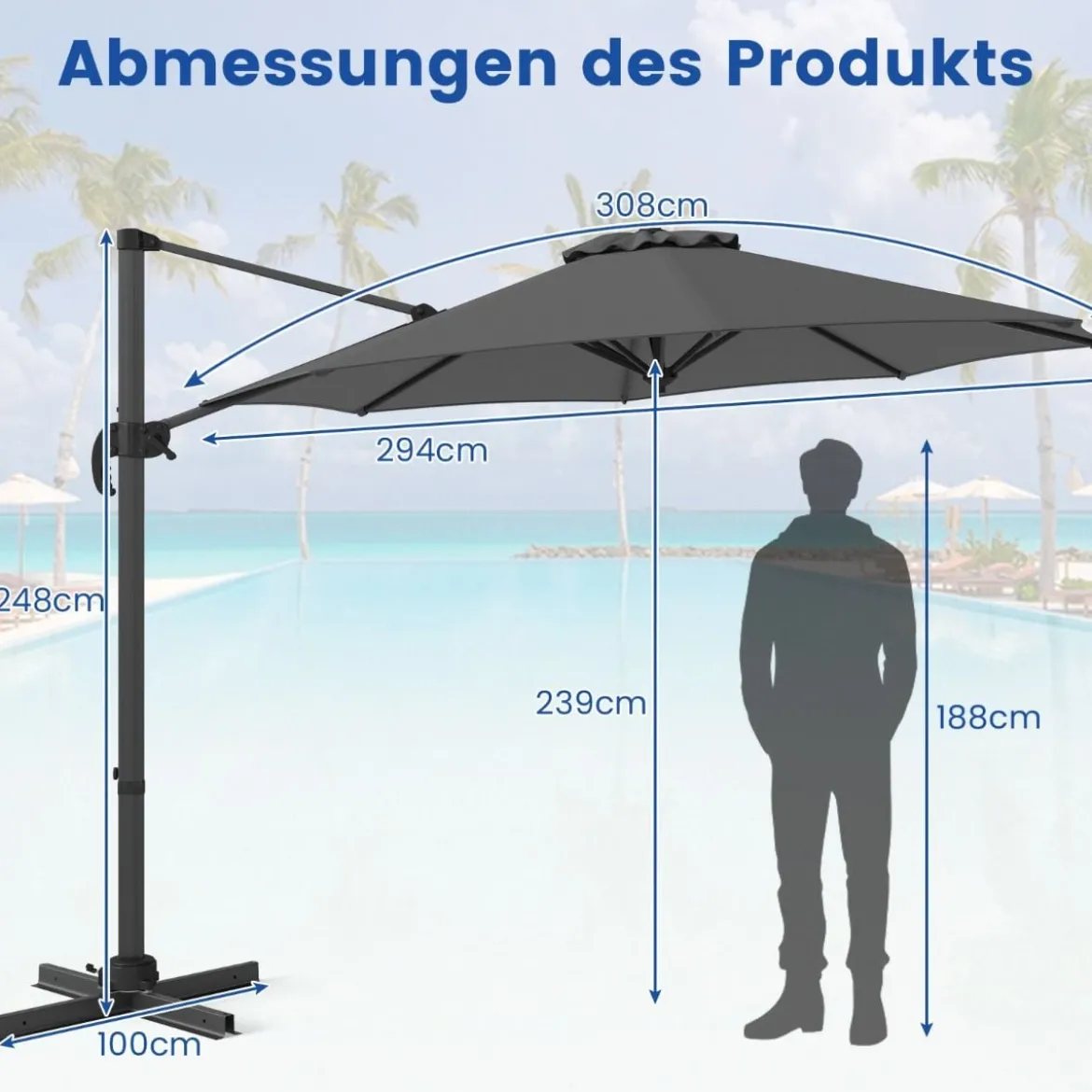 300 x 300 cm Sonnenschirm mit Kurbel 360° Drehbarer Ampelschirm Gartenschirm Marktschirm