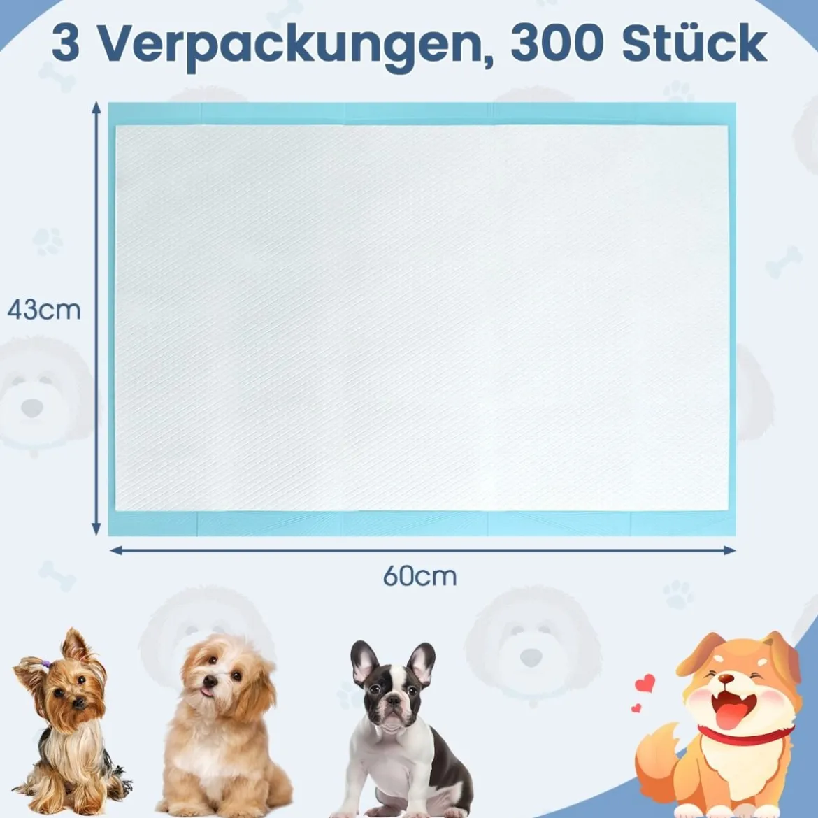 60 x 43 cm (300 Stück) 6-lagige auslaufsichere Haustierpads für Stubenreinheitstraining super absorbierend