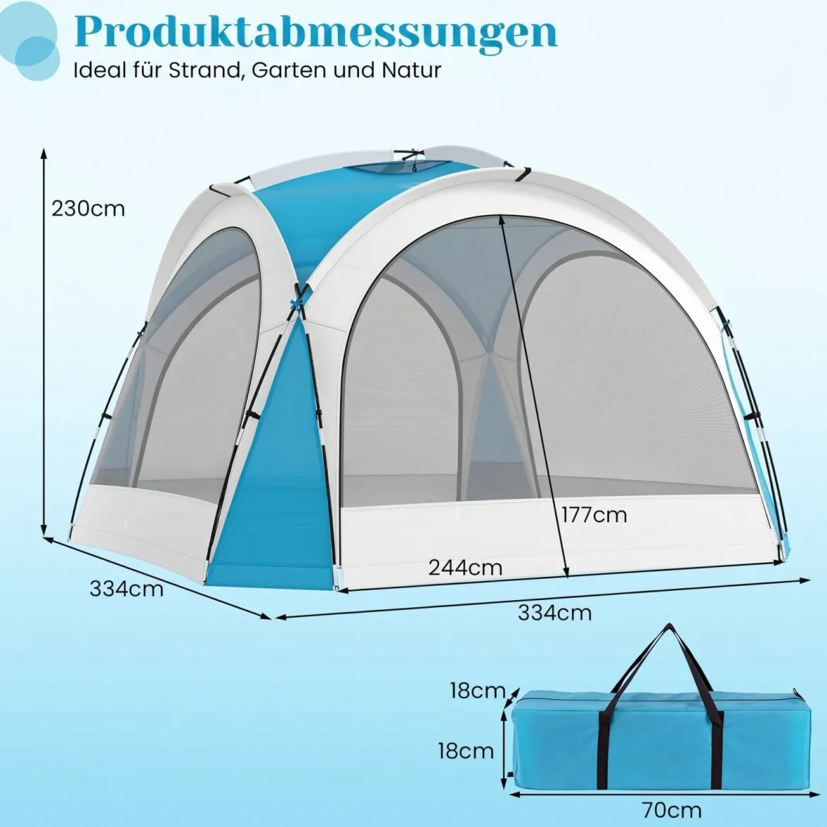 344 x 344 cm Strandzelt Gartenzelt für 6-8 Personen mit 4 Mesh-Seitenwände Dachlüftung Aufbewahrungstaschen