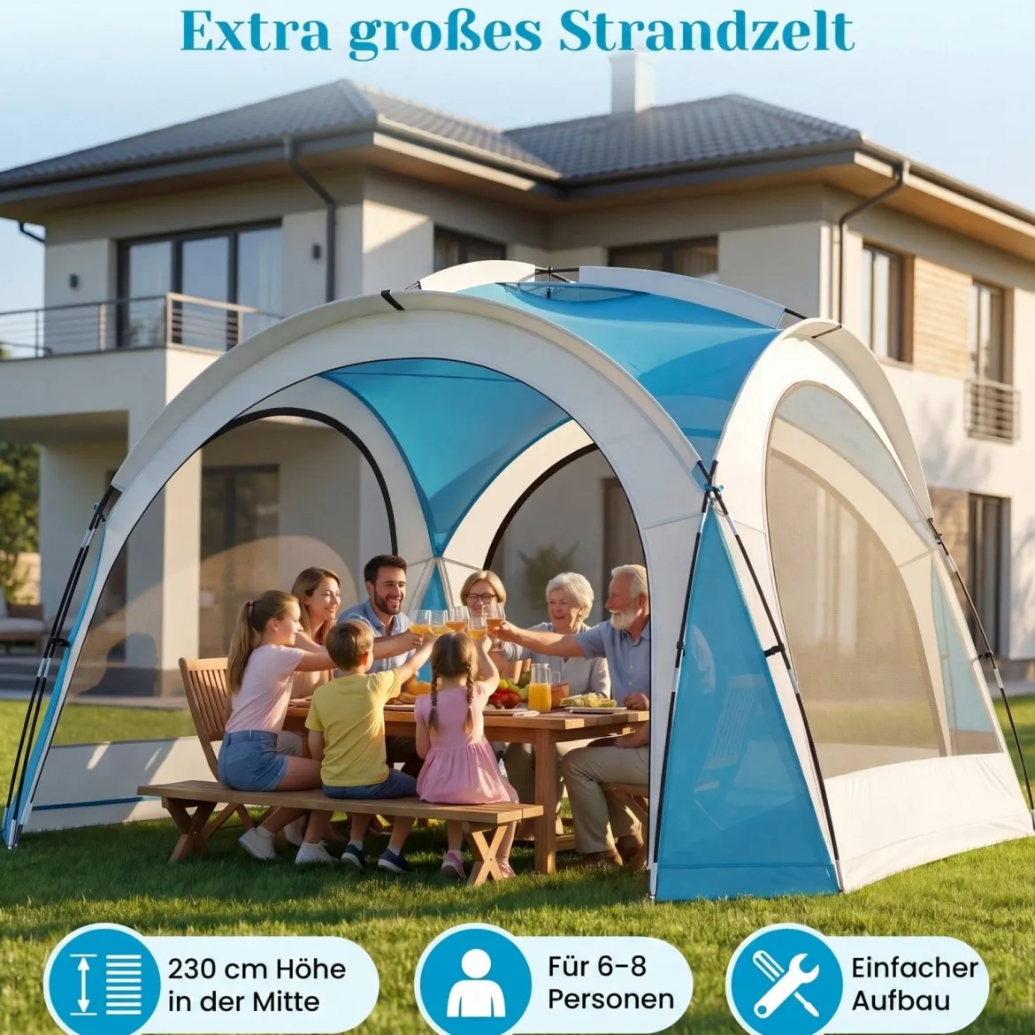 344 x 344 cm Strandzelt Gartenzelt für 6-8 Personen mit 4 Mesh-Seitenwände Dachlüftung Aufbewahrungstaschen