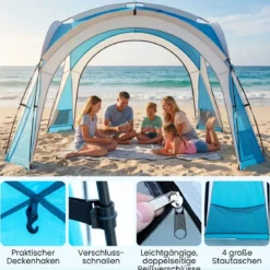 344 x 344 cm Strandzelt Gartenzelt für 6-8 Personen mit 4 Mesh-Seitenwände Dachlüftung Aufbewahrungstaschen