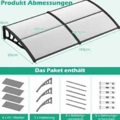 199 x 99 cm Vordach für Haustür Überdachung Haustürvordach Pultvordach Transparent