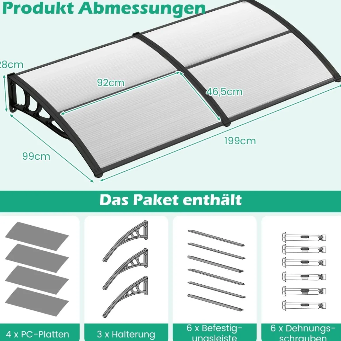199 x 99 cm Vordach für Haustür Überdachung Haustürvordach Pultvordach Transparent