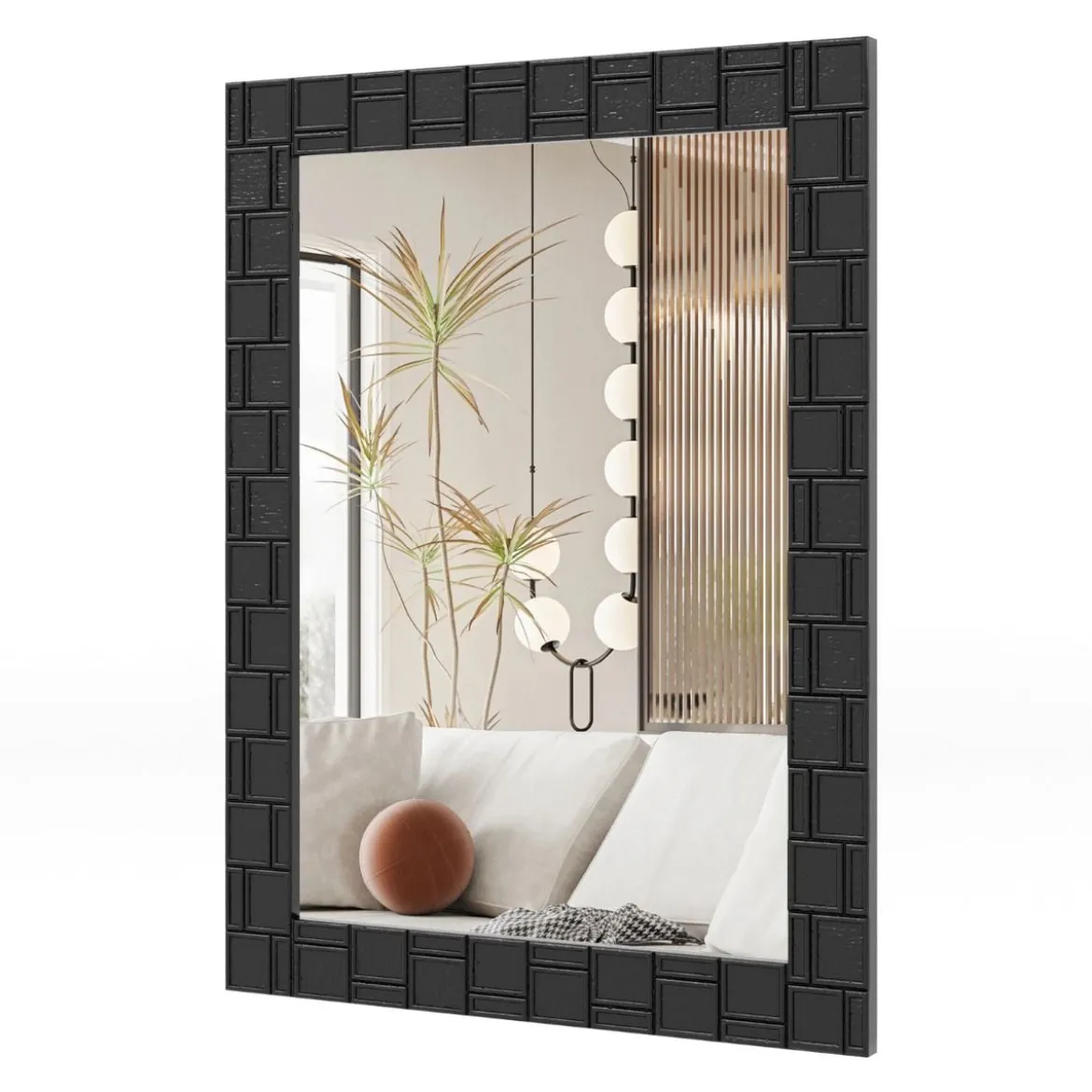 80 x 60 cm Wandspiegel aus Gummibaumholz mit Massivholzrahmen Badspiegel Kosmetikspiegel Schwarz