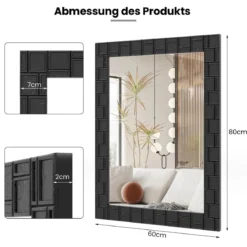 80 x 60 cm Wandspiegel aus Gummibaumholz mit Massivholzrahmen Badspiegel Kosmetikspiegel Schwarz