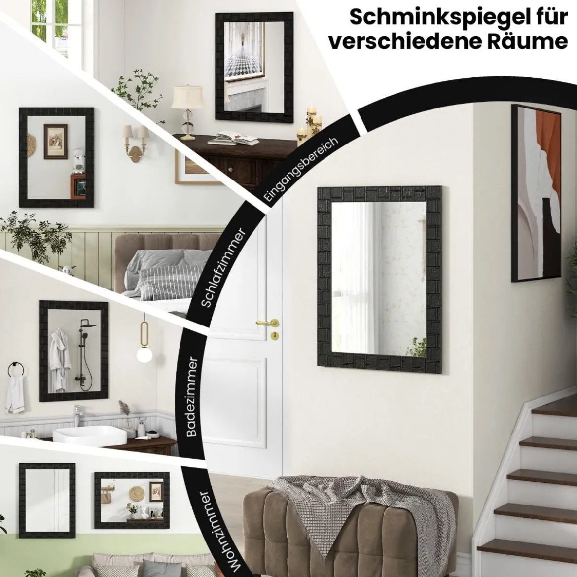 80 x 60 cm Wandspiegel aus Gummibaumholz mit Massivholzrahmen Badspiegel Kosmetikspiegel Schwarz