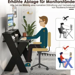 X-förmiger Computertisch mit Schublade & Monitorerhöhung Schreibtisch Schwarz