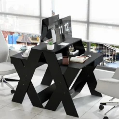 X-förmiger Computertisch mit Schublade & Monitorerhöhung Schreibtisch Schwarz