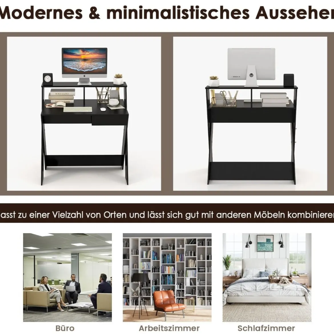 X-förmiger Computertisch mit Schublade & Monitorerhöhung Schreibtisch Schwarz