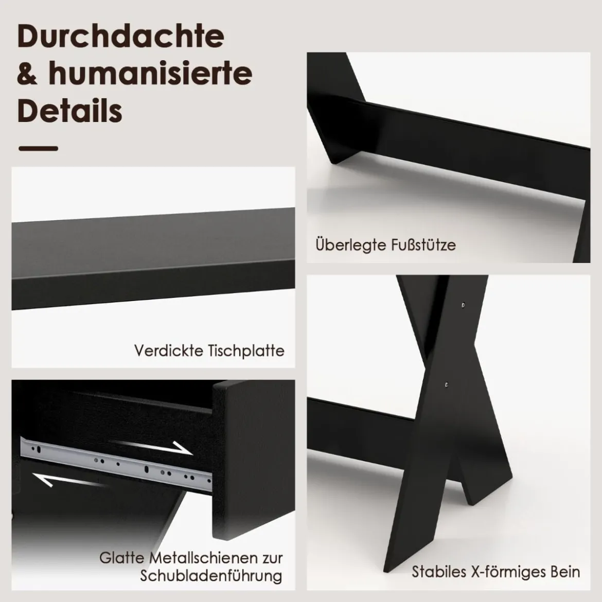 X-förmiger Computertisch mit Schublade & Monitorerhöhung Schreibtisch Schwarz