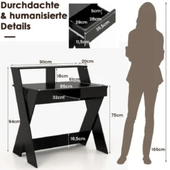 X-förmiger Computertisch mit Schublade & Monitorerhöhung Schreibtisch Schwarz