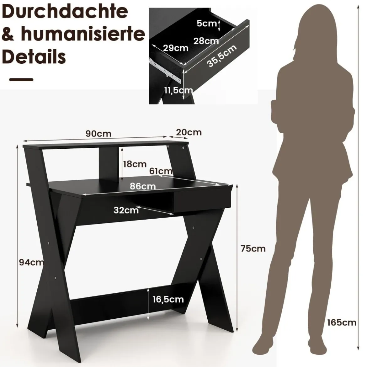 X-förmiger Computertisch mit Schublade & Monitorerhöhung Schreibtisch Schwarz