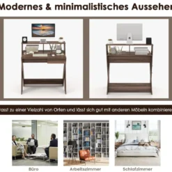 X-förmiger Computertisch mit Schublade & Monitorerhöhung Schreibtisch Walnuss