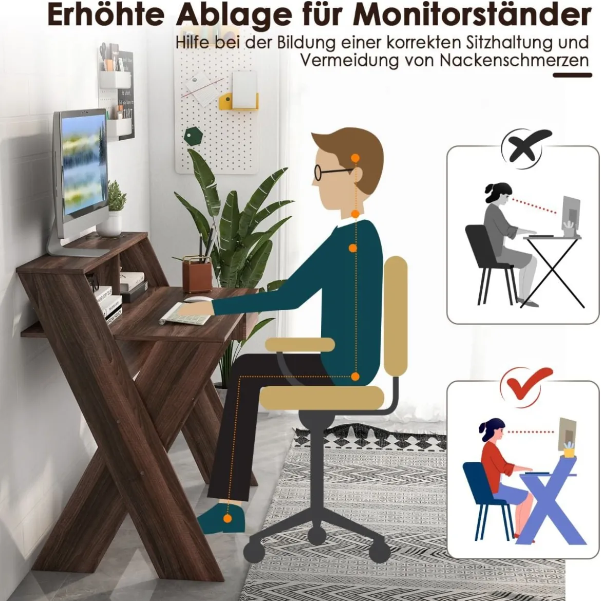 X-förmiger Computertisch mit Schublade & Monitorerhöhung Schreibtisch Walnuss