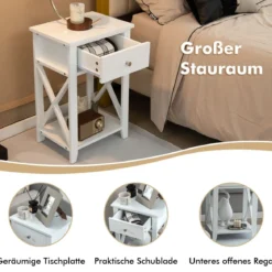 X-förmiger Nachttisch mit Schublade & Unterem Ablagefach Moderner Beistelltisch Sofatisch Weiß