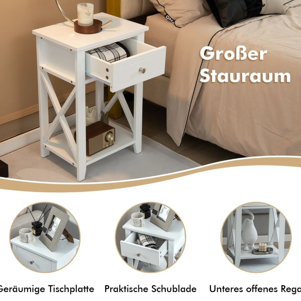 X-förmiger Nachttisch mit Schublade & Unterem Ablagefach Moderner Beistelltisch Sofatisch Weiß