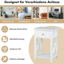 X-förmiger Nachttisch mit Schublade & Unterem Ablagefach Moderner Beistelltisch Sofatisch Weiß