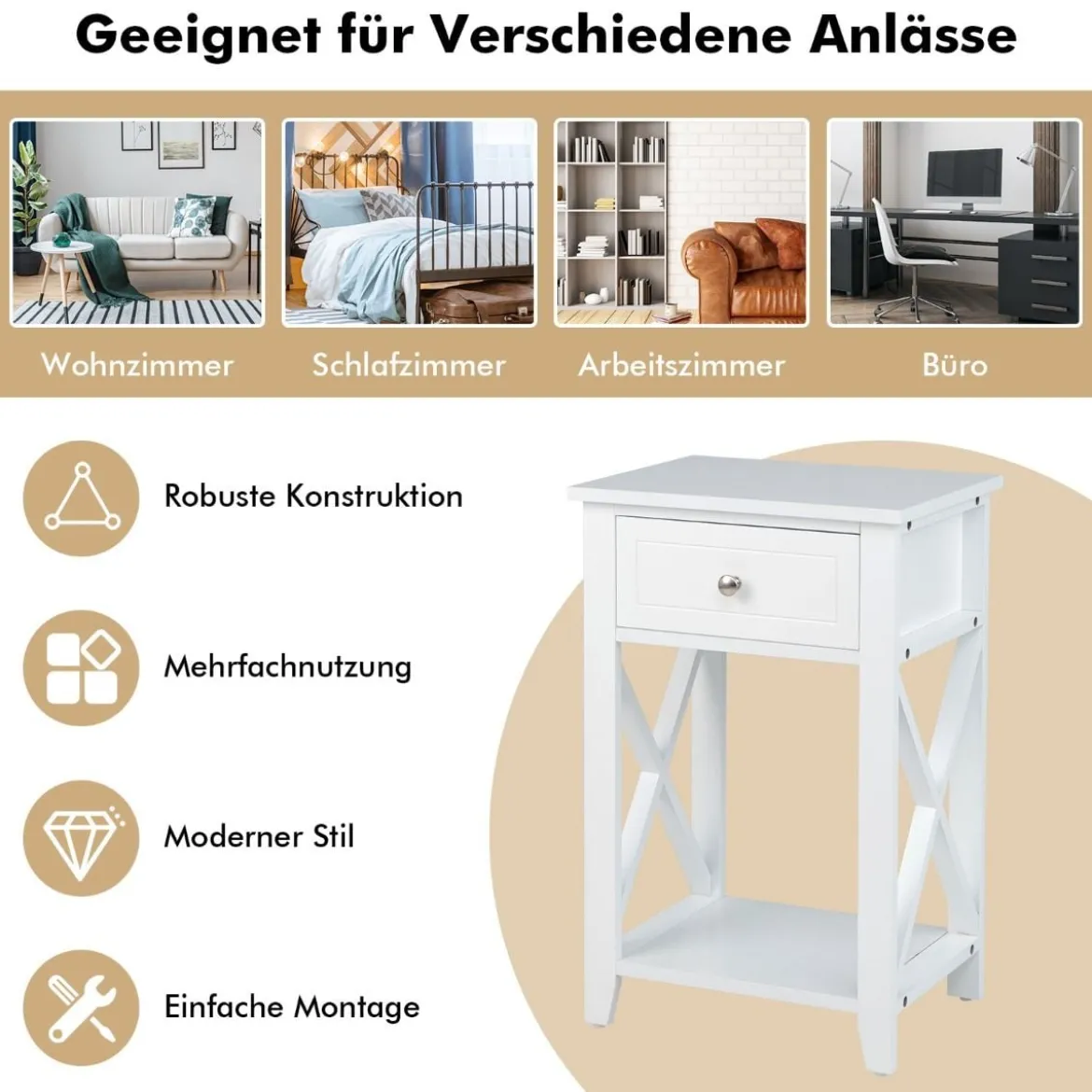 X-förmiger Nachttisch mit Schublade & Unterem Ablagefach Moderner Beistelltisch Sofatisch Weiß