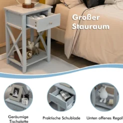X-förmiger Nachttisch mit Schublade & Ablagefach Moderner Sofatisch Beistelltisch Grau