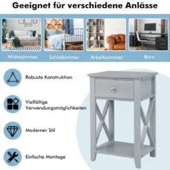 X-förmiger Nachttisch mit Schublade & Ablagefach Moderner Sofatisch Beistelltisch Grau