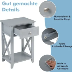 X-förmiger Nachttisch mit Schublade & Ablagefach Moderner Sofatisch Beistelltisch Grau