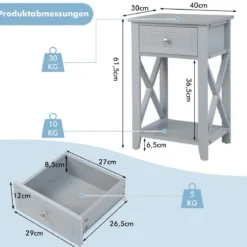 X-förmiger Nachttisch mit Schublade & Ablagefach Moderner Sofatisch Beistelltisch Grau