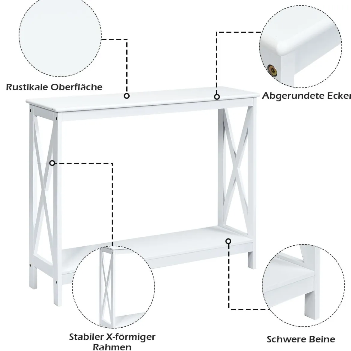 X-förmiger Schmaler Konsolentisch mit 2 Etagen 100 x 30 x 80 cm Weiß