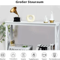 X-förmiger Schmaler Konsolentisch mit 2 Etagen 100 x 30 x 80 cm Weiß