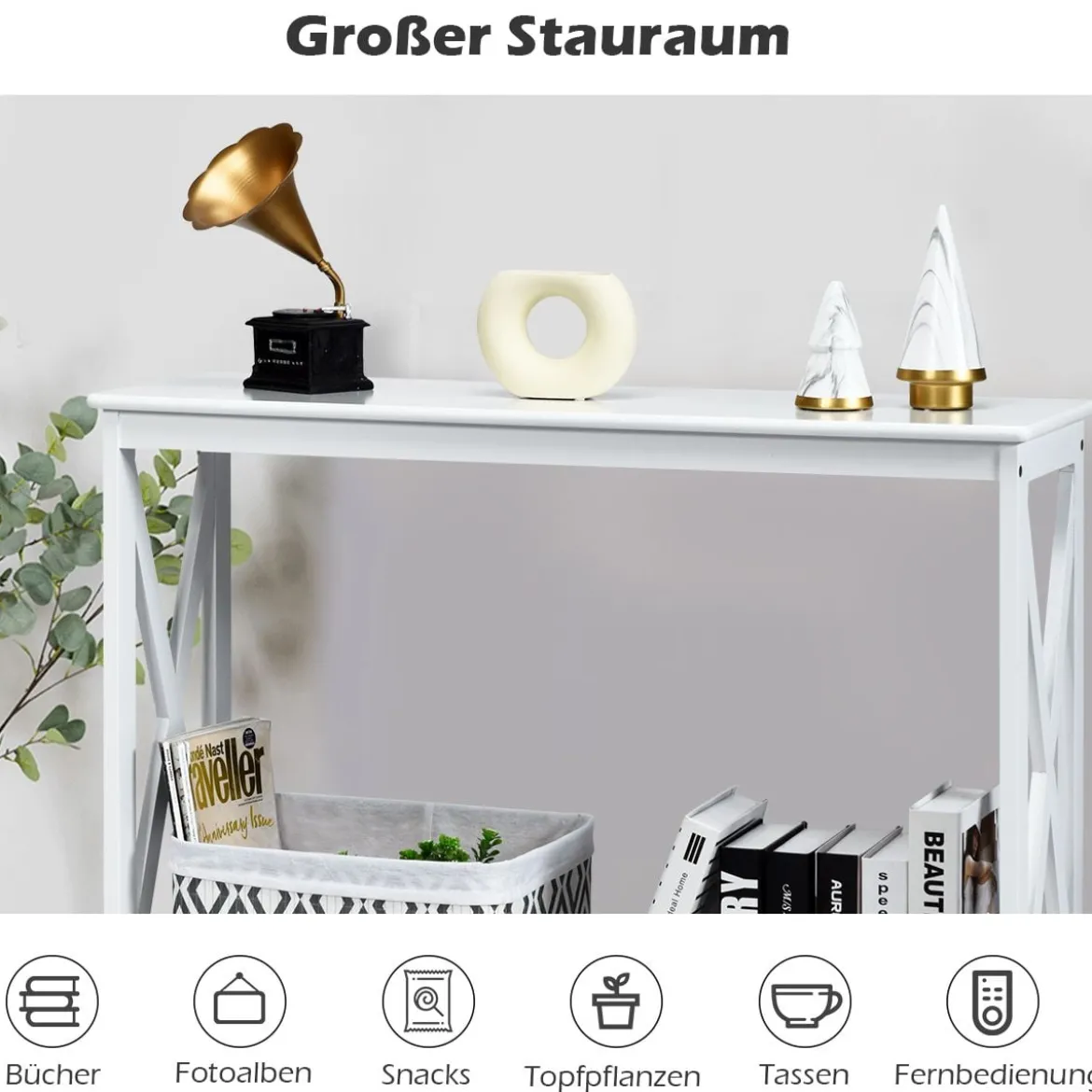 X-förmiger Schmaler Konsolentisch mit 2 Etagen 100 x 30 x 80 cm Weiß