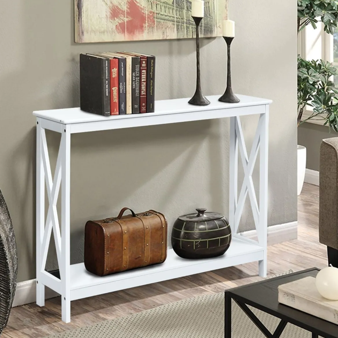 X-förmiger Schmaler Konsolentisch mit 2 Etagen 100 x 30 x 80 cm Weiß