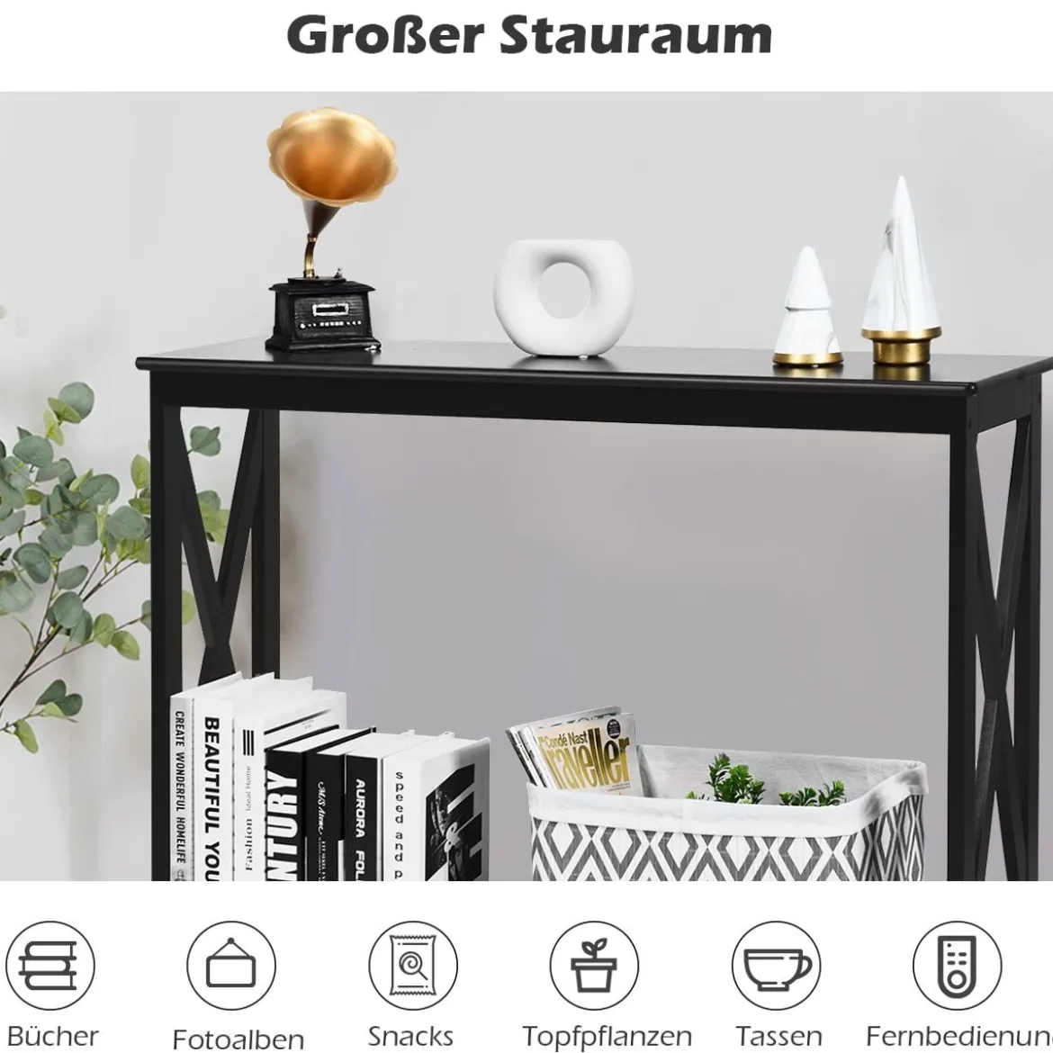 X-förmiger Schmaler Konsolentisch mit 2 Etagen 100 x 30 x 80 cm Scwarz