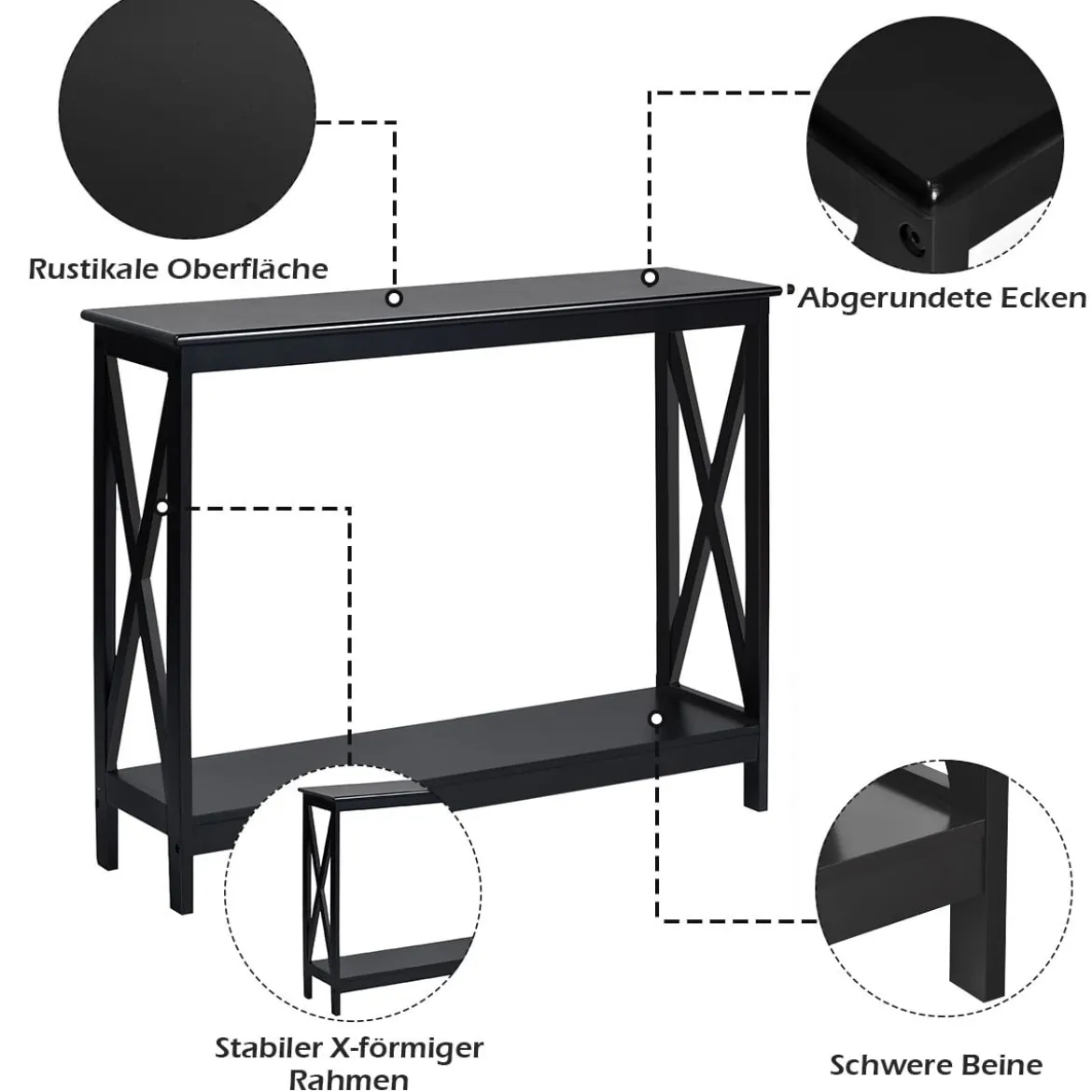 X-förmiger Schmaler Konsolentisch mit 2 Etagen 100 x 30 x 80 cm Scwarz