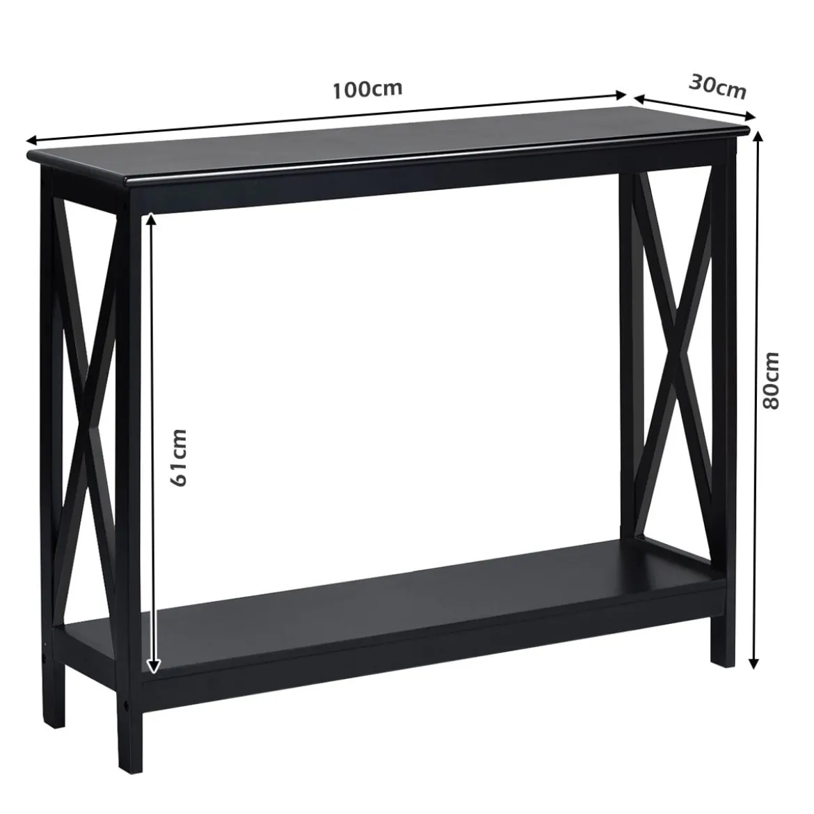 X-förmiger Schmaler Konsolentisch mit 2 Etagen 100 x 30 x 80 cm Scwarz
