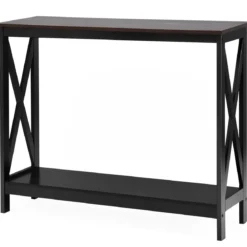 X-förmiger Schmaler Konsolentisch mit 2 Etagen 100 x 30 x 80 cm Braun+Schwarz