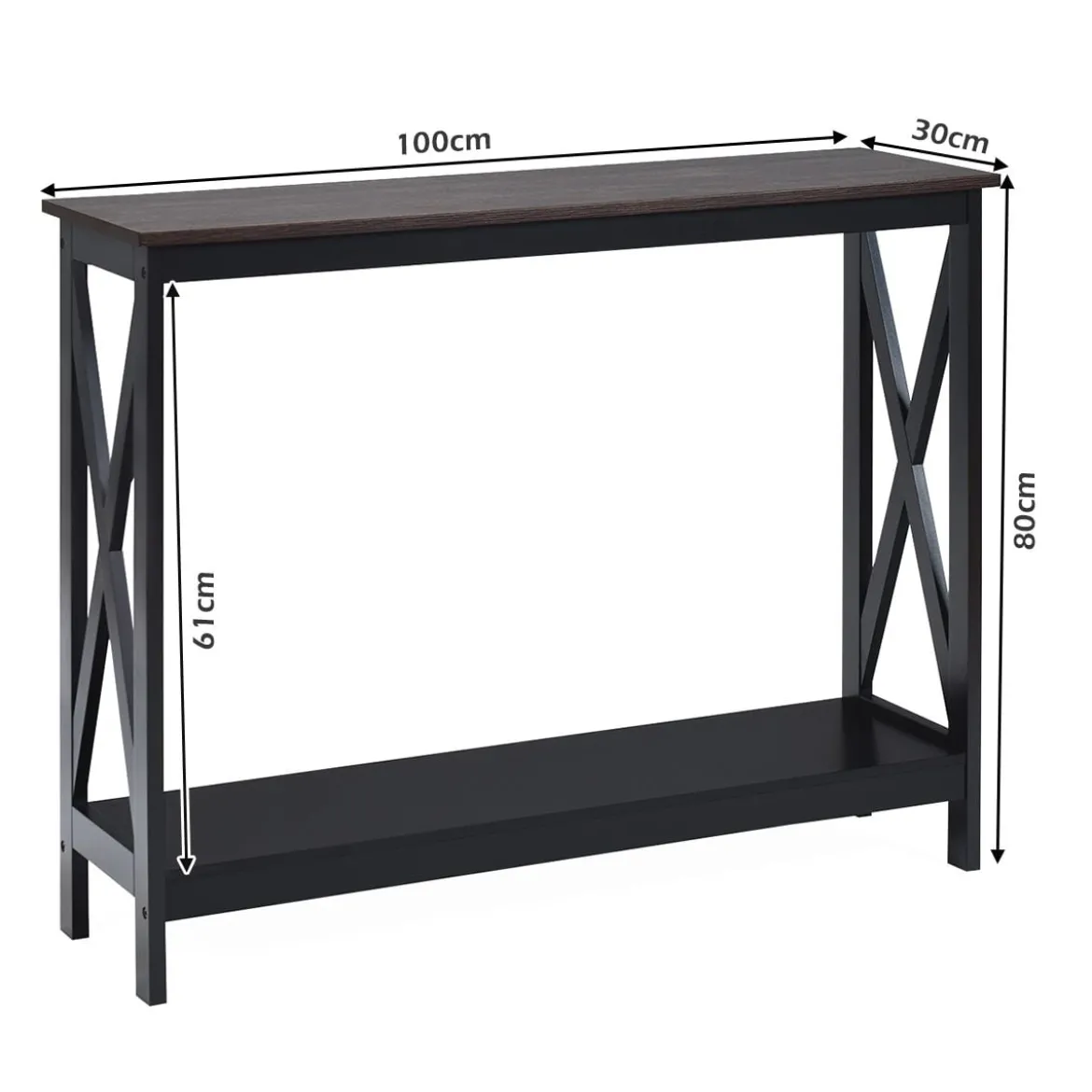 X-förmiger Schmaler Konsolentisch mit 2 Etagen 100 x 30 x 80 cm Braun+Schwarz