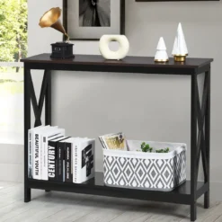 X-förmiger Schmaler Konsolentisch mit 2 Etagen 100 x 30 x 80 cm Braun+Schwarz