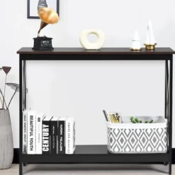 X-förmiger Schmaler Konsolentisch mit 2 Etagen 100 x 30 x 80 cm Braun+Schwarz