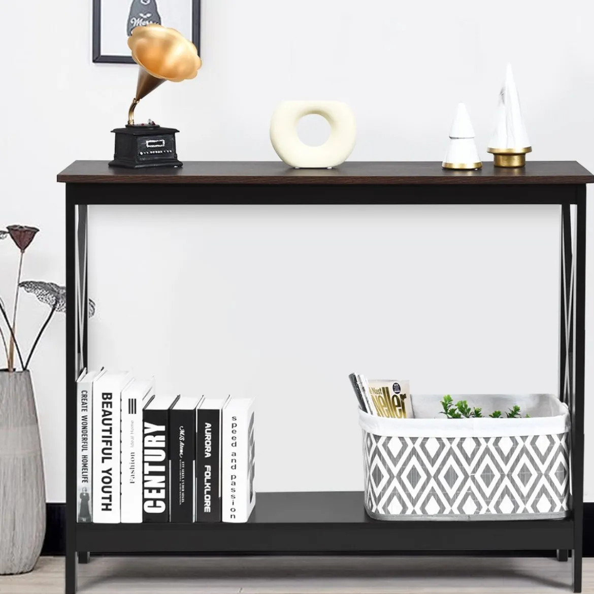 X-förmiger Schmaler Konsolentisch mit 2 Etagen 100 x 30 x 80 cm Braun+Schwarz