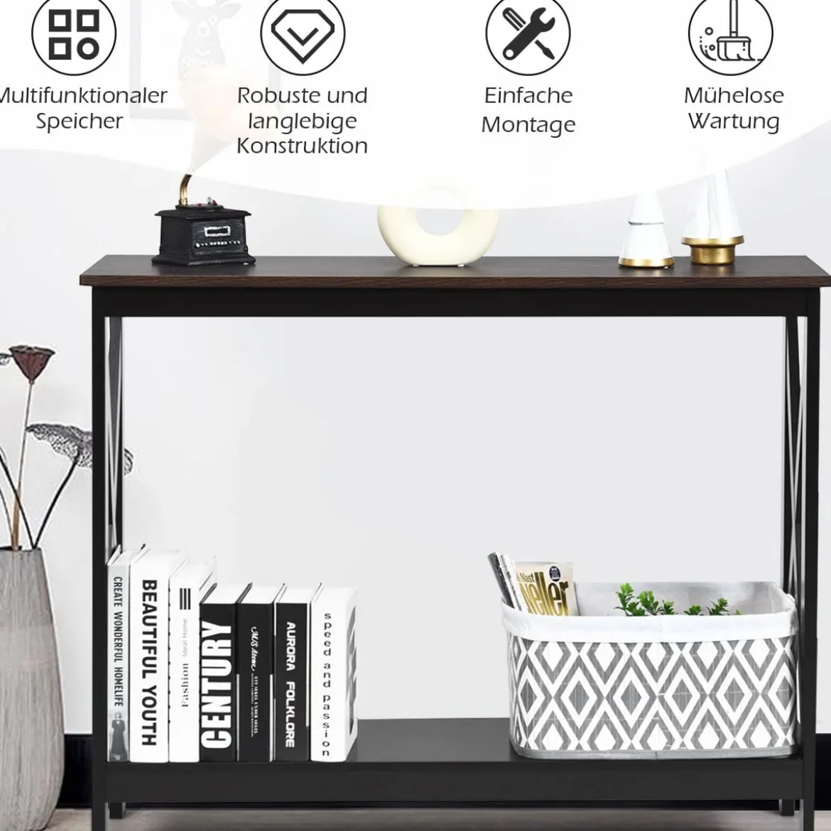 X-förmiger Schmaler Konsolentisch mit 2 Etagen 100 x 30 x 80 cm Braun+Schwarz