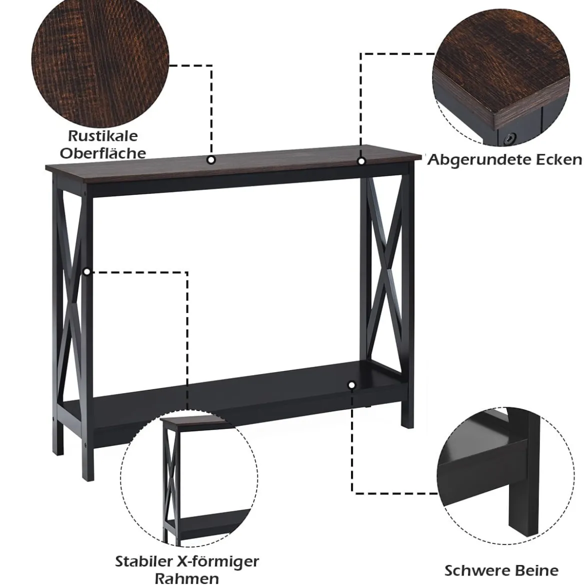 X-förmiger Schmaler Konsolentisch mit 2 Etagen 100 x 30 x 80 cm Braun+Schwarz